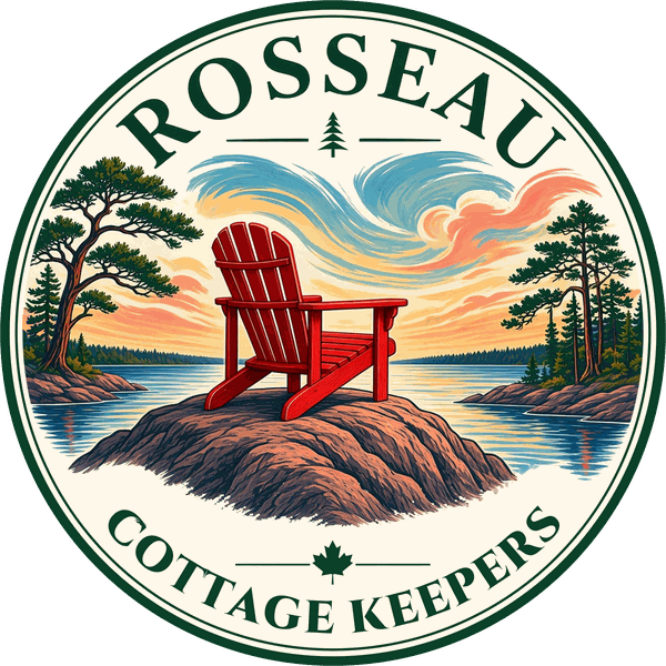 Rosseau Cottage Keepers badge: a red Muskoka chair on a granite point above Lake Rosseau at sunset, framed by pines
